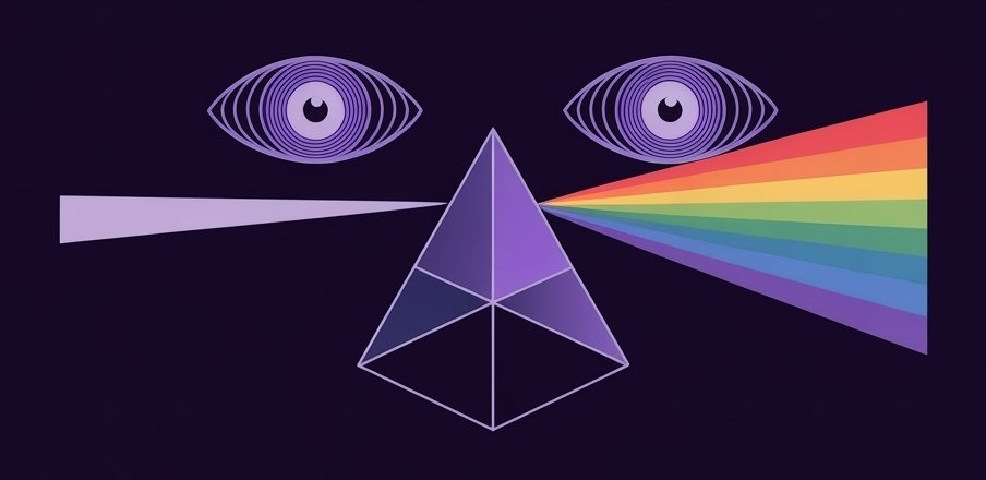 Un visage : un rayon blanc entre dans le nez en prisme, et tout un arc-en-ciel en ressort